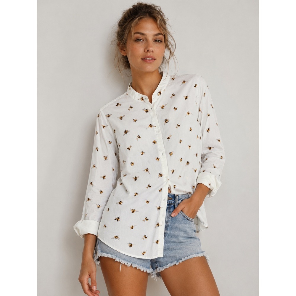 Victoria Beckham Target Bee Print Button Down Shirt White Mandarin Collar Medium